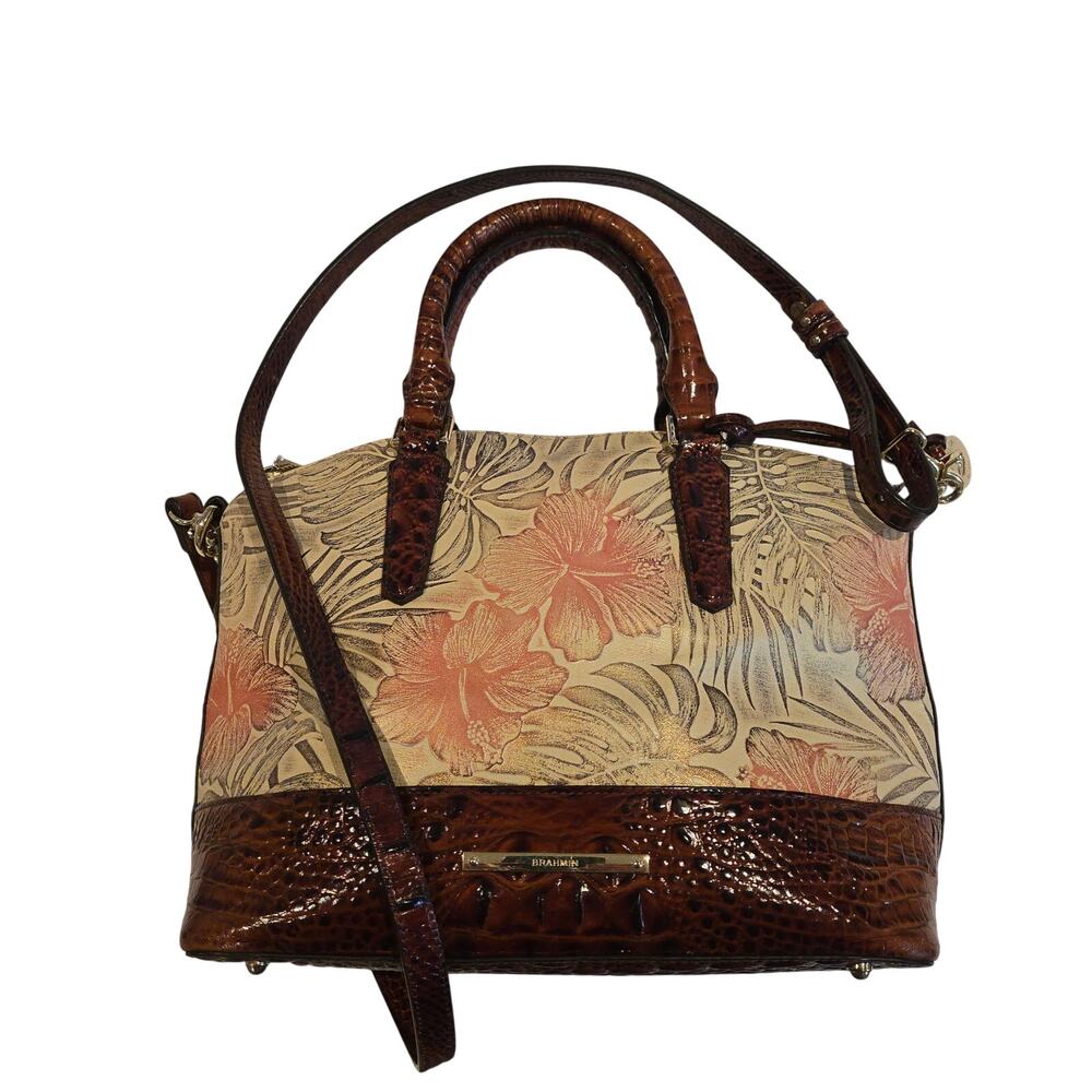 Brahmin Tropical Floral Melbourne Croc Embossed Leather Satchel Bag Cream Brown